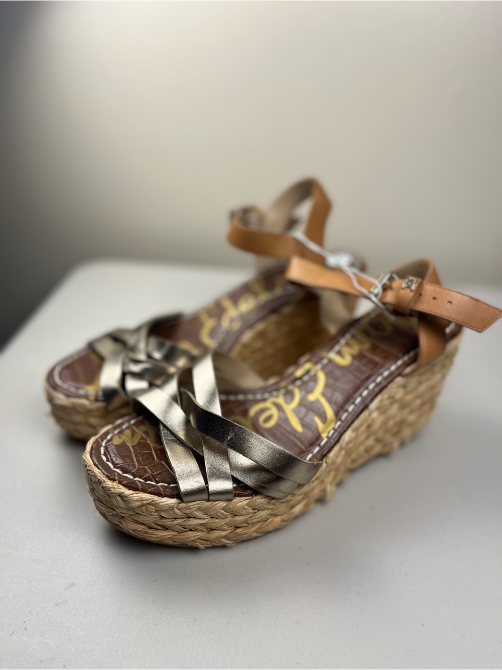 Sam Edelman Metallic Bronze Braided Wedge Sandals with Tan Ankle Strap